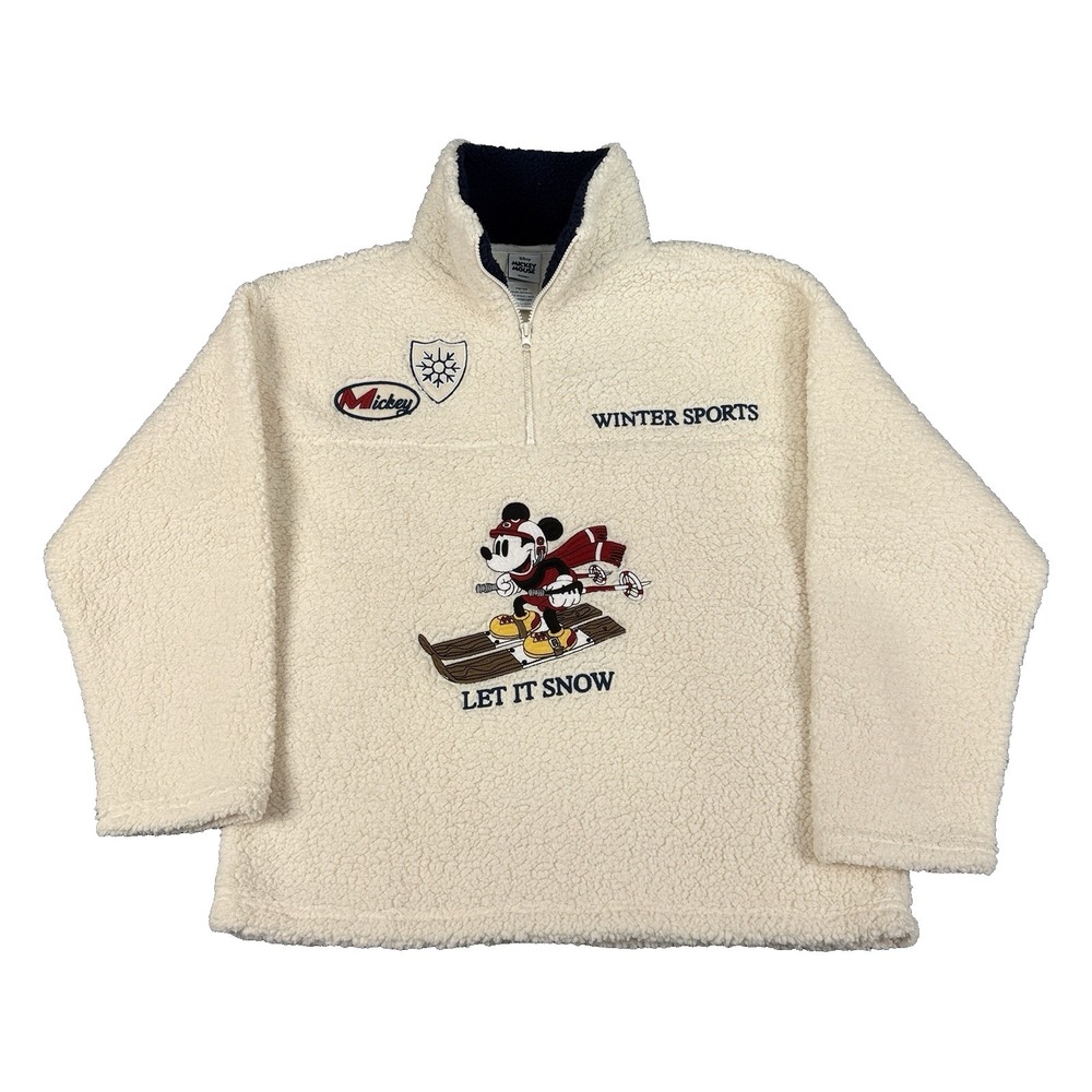 Disney Mickey Mouse Winter Sherpa 1/4 Zip Pullover Jacket Womens Sz XL Off-White